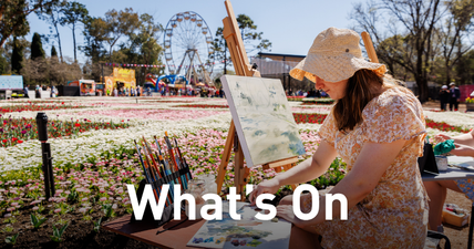 What’s On, person painting at an easel in a garden setting with a Ferris wheel and flower beds at Floriade.