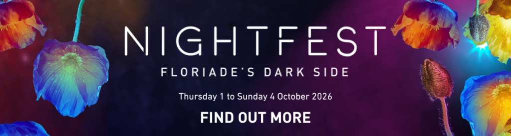 NightFest, Floriade’s Dark Side event banner featuring colourful illuminated flowers with text reading “NightFest, Floriade’s Dark Side, Thursday 1 to Sunday 4 October 2026, Find Out More”.