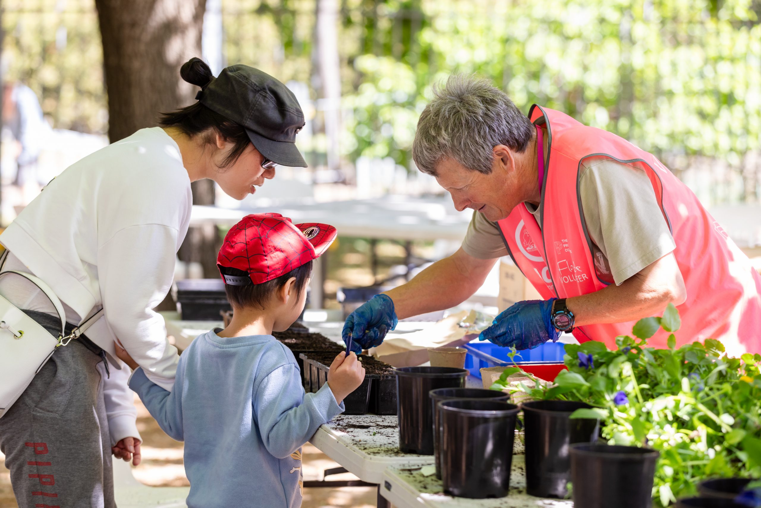 A Floriade volunteer wearing a bright pink vest and blue gloves demonstrates planting seedlings at a table, while a child in a red cap and an accompanying adult stand nearby watching, with pots, soil trays, and green plants arranged in an outdoor garden setting.