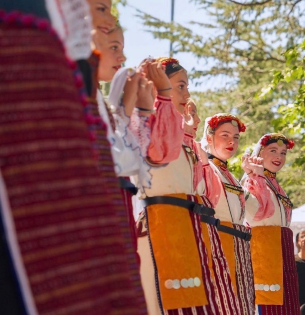 Close-up of dancers in traditional patterned costumes performing outdoors, with trees and sunlight in the background.