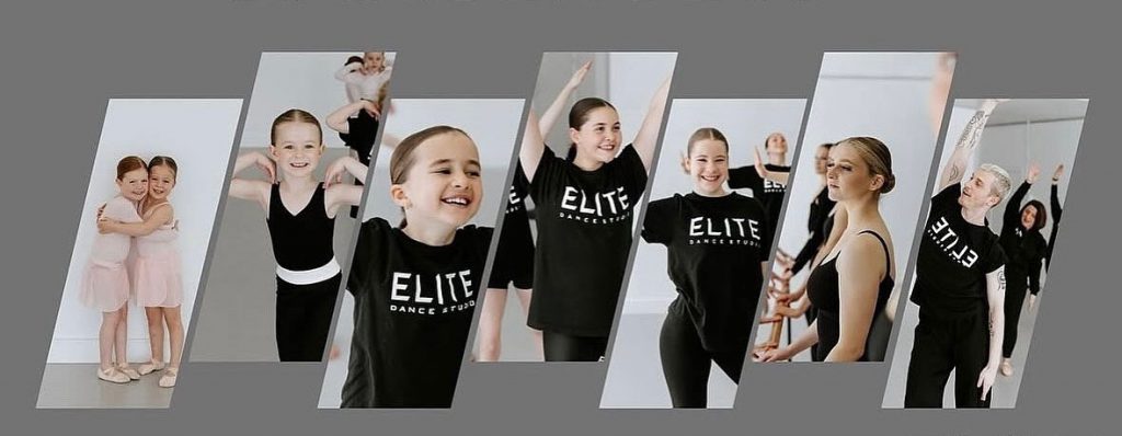 Promotional collage featuring several dance students of different ages in a dance studio. The image includes children in ballet attire and students wearing black “Elite Dance Studio” shirts, shown practicing dance movements and standing at a ballet barre against a light studio background.