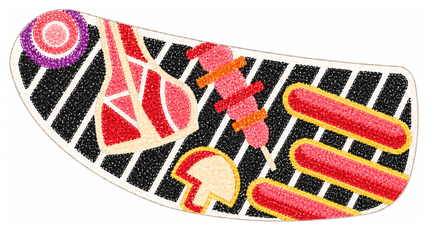 Illustrated garden bed design featuring ‘Blooming BBQ’ is a playful garden celebrating one of Australia’s most iconic social traditions - the backyard barbecue. Familiar foods, including sausages, skewers, onions and grilled produce, are laid out as bold floral forms.