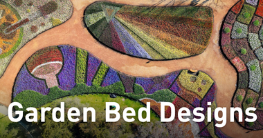 Aerial view of colourful patterned garden beds at Floriade with the text 'Garden Bed Designs' overlayed