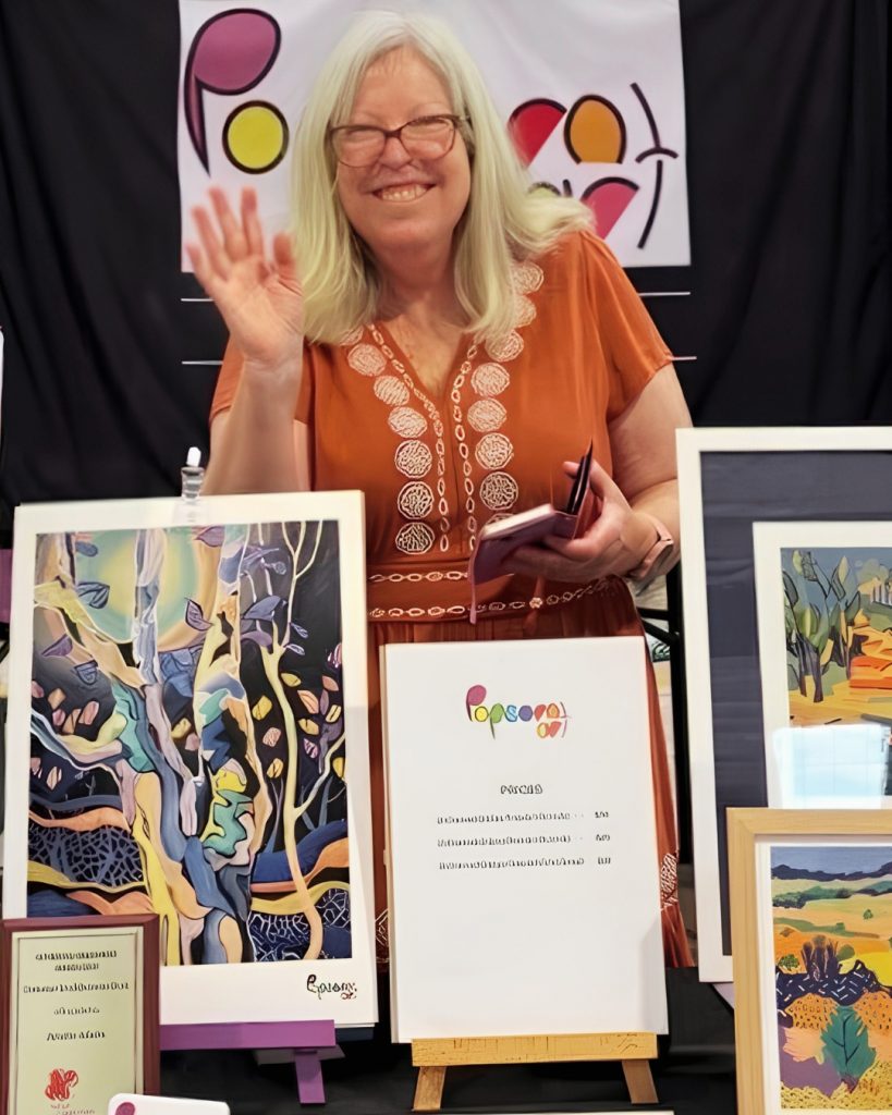 A person with long light-colored hair and glasses stands behind an art display, raising one hand in greeting while holding a small notebook. Framed colorful landscape artworks are arranged on easels and stands in the foreground. A banner featuring a multicolored artistic logo hangs behind the display against a dark backdrop.
