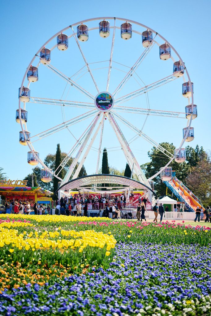 A large Ferris wheel towers over a busy outdoor festival, with colourful flower beds of yellow and purple blooms in the foreground under a clear blue sky.