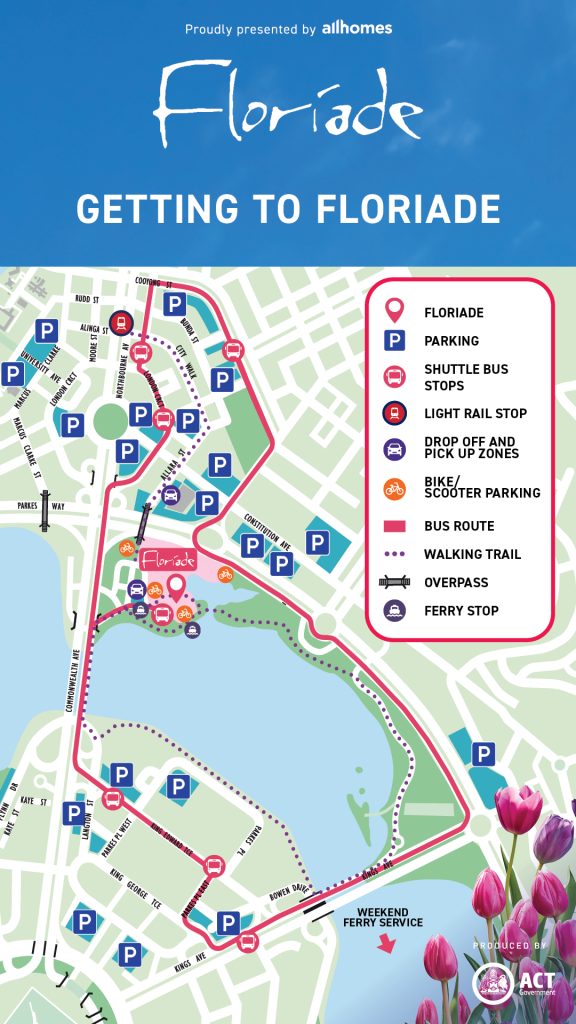 Illustrated map showing transport, parking and access options for Floriade, including shuttle bus stops, light rail, walking trails, drop-off zones, bike parking and ferry services around Commonwealth Park.