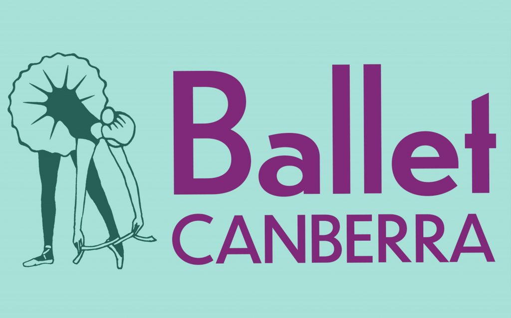 A promotional graphic for Ballet Canberra featuring a stylised illustration of a dancer tying her ballet slipper, alongside large purple text reading “Ballet Canberra” on a light blue background.
