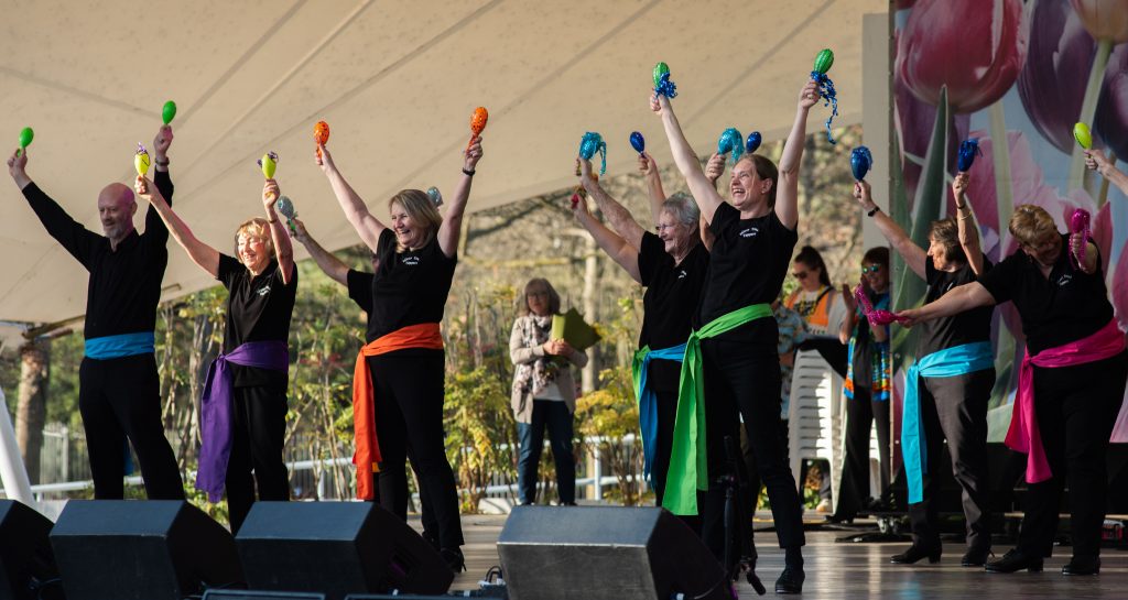 A group of performers in black outfits with colourful sashes raise maracas overhead while standing in a line on an outdoor stage under a canopy.