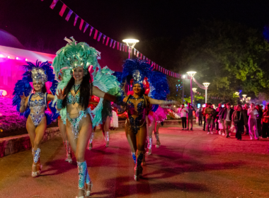 Performers in illuminated costumes parade through a crowd beneath colourful festival lights at night.