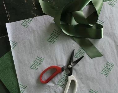 Scissors and ribbon positioned in a dark room over some white and green paper.