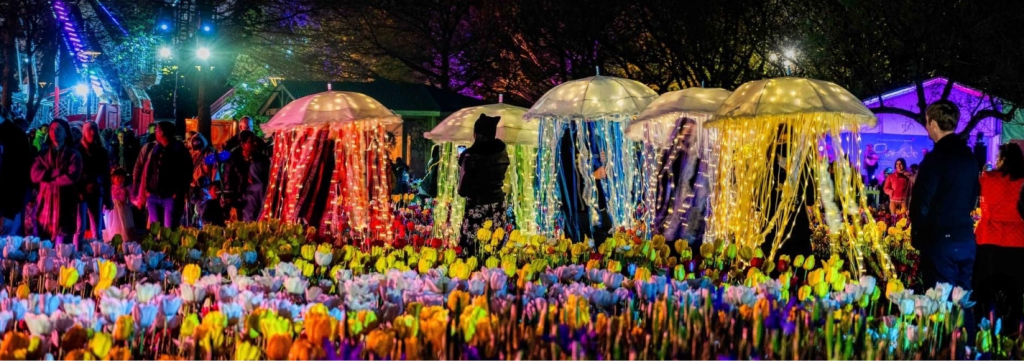 Illuminated jellyfish-style light installations among colourful tulip beds during a night event at Floriade.
